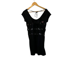 FOX Black Sequin Stripe Stretch Deep Scoop Back Dress M